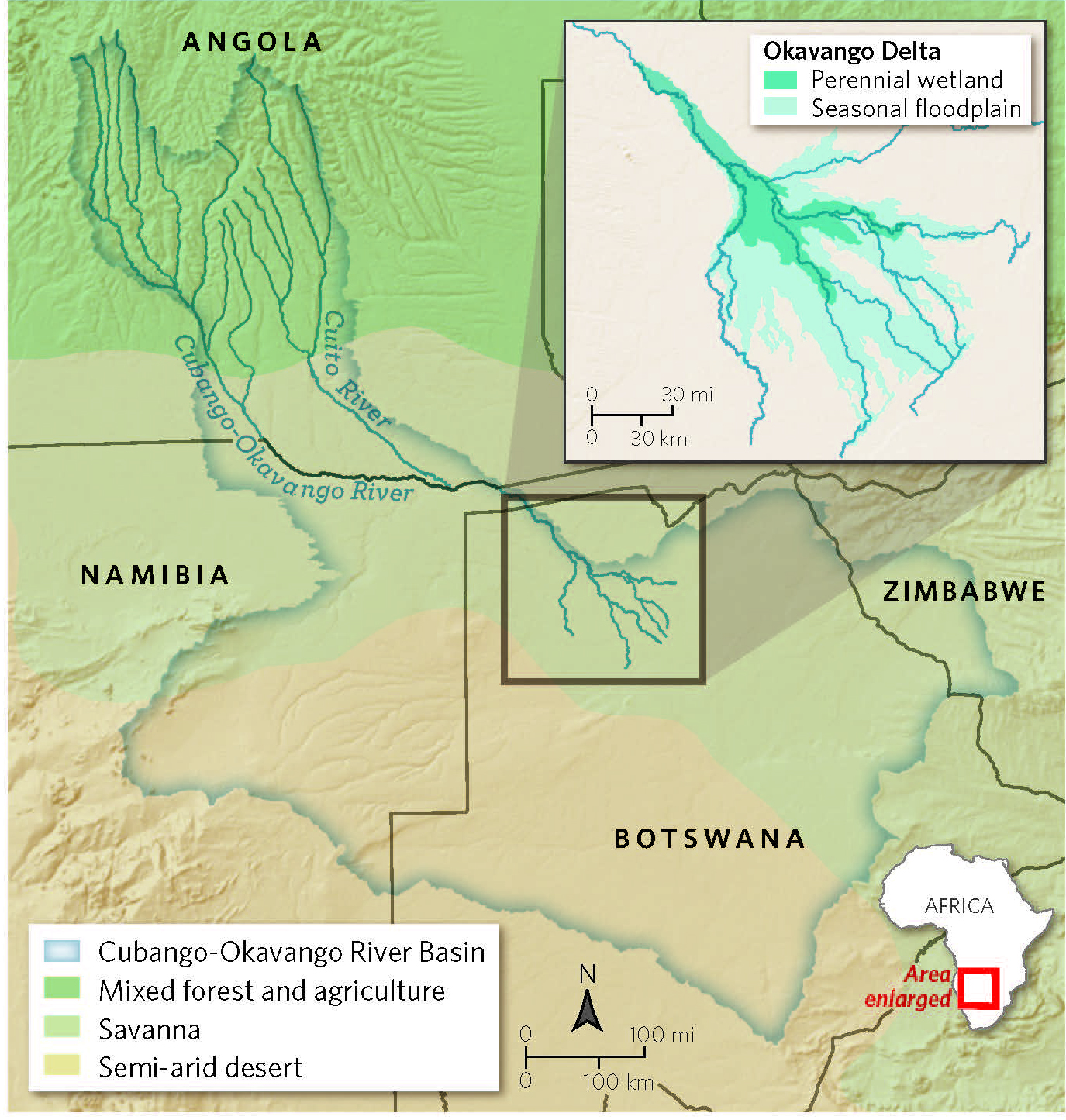 A map shows the Okavango River basin and the surrounding desert, forest and savanna.